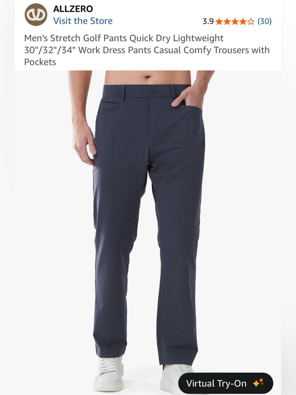 Allzero Men's Stretch Pants Quick-Dry Size: 38Wx 30L Color:Dark Grey NWT #Lux-E